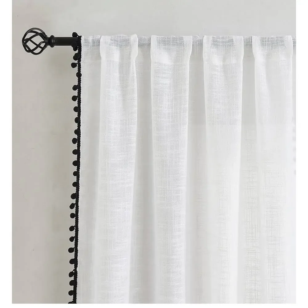 VOILYBIRD Palma Pom Pom Curtains White W40xL84 Semi Sheer Wrinkle Free Set of 2